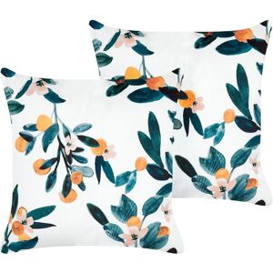BELIANI Set of 2 Decorative Velvet Throw Pillows Leaf Pattern 45x45 cm Green Knautia - White
