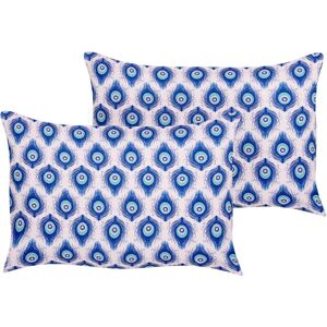 BELIANI Set of 2 Garden Cushions Outdoor Scatter Pillow 40 x 60 cm Polyester Peacock Pattern Rectangular Blue and Pink Ceriana - Blue