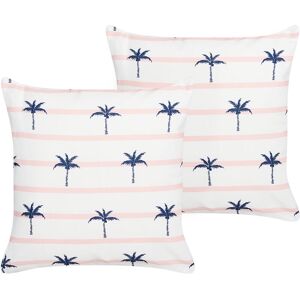 BELIANI Set of 2 Garden Cushions Outdoor Scatter Pillow 45 x 45 cm Square Polyester Palm Pattern White Moltedo - White