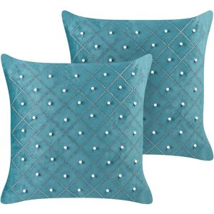 Beliani - Set of 2 Glam Velvet Throw Pillows with Decorative Elements 45 x 45 cm Teal Yarrow - Blue