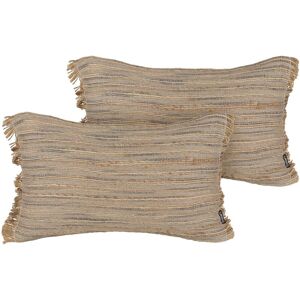 BELIANI Set of 2 Jute Scatter Cushions with Filling Removable Covers Decorative Fringe 30 x 50 cm Beige Ledum - Beige