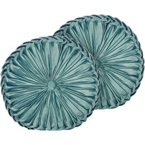 Beliani - Set of 2 Modern Fabric Polyester with Pleats Throw Pillows Round 40 cm Teal Udala - Blue
