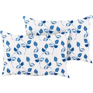 Beliani - Set of 2 Outdoor Garden Scatter Cushions Throw Pillows Cover Leaves Motif 40 x 60 cm Polyester White and Blue Torbora - White