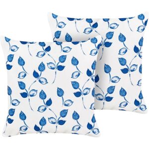 Beliani - Set of 2 Outdoor Garden Scatter Cushions Throw Pillows Cover Leaves Motif 45 x 45 cm Polyester White and Blue Torbora - White