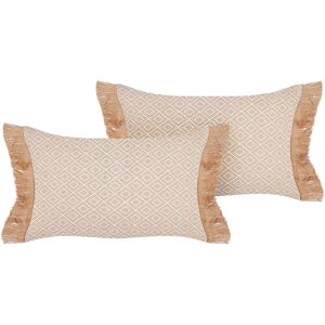 Beliani - Set of 2 Polyester Cushions Pillows Decorative with Tassels Geometric Pattern 30 x 50 cm Beige Boath - Beige