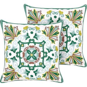 Beliani - Set of 2 Scatter Cushions Cotton Fabric Throw Pillow Oriental Pattern Embroidered 45 x 45 cm Green Elanite - Green