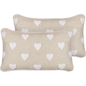 Beliani - Set of 2 Scatter Cushions Cotton Throw Pillow Embroidered Hearts Pattern 30 x 50 cm Beige Gazania - Beige