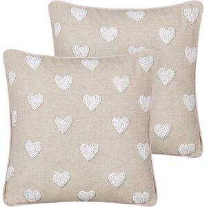 BELIANI Set of 2 Scatter Cushions Cotton Throw Pillow Embroidered Hearts Pattern 45 x 45 cm Beige Gazania - Beige