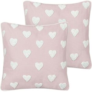 Beliani - Set of 2 Scatter Cushions Cotton Throw Pillow Embroidered Hearts Pattern 45 x 45 cm Pink Gazania - Pink