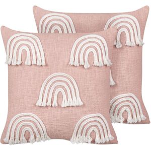 Beliani - Set of 2 Scatter Cushions Cotton Throw Pillow Embroidered Rainbow Pattern 45 x 45 cm Pink Leea - Pink