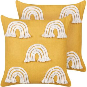 Beliani - Set of 2 Scatter Cushions Cotton Throw Pillow Embroidered Rainbow Pattern 45 x 45 cm Yellow Leea - Yellow