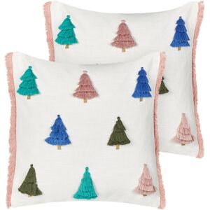 Beliani - Set of 2 Scatter Cushions Decorative Accessory Cotton Christmas Motif Fringes Christmas Tree Pattern 45 x 45 cm Multicolour Skimmia - White