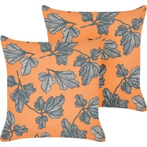 Beliani - Set of 2 Scatter Cushions Linen Cotton with Leaf Pattern 45 x 45 cm Orange and Black Spirea - Orange