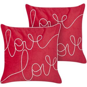 Beliani - Set of 2 Scatter Cushions Velvet Cotton Pillows Decorative Handmade Writing Embroidery Square 45 x 45 cm Red Siderasis - Red