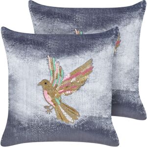 BELIANI Set of 2 Scatter Cushions Velvet Pillows Decorative Handmade Animal Bird Embroidery Square 45 x 45 cm Grey Ruellia - Grey