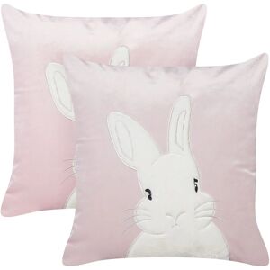 Beliani - Set of 2 Scatter Cushions Velvet Polyester Fabric Throw Pillow Bunny Pattern Embroidered 45 x 45 cm Pink Iberis - Pink