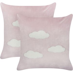 Beliani - Set of 2 Scatter Cushions Velvet Polyester Fabric Throw Pillow Clouds Pattern Embroidered 45 x 45 cm Pink Ipomea - Pink