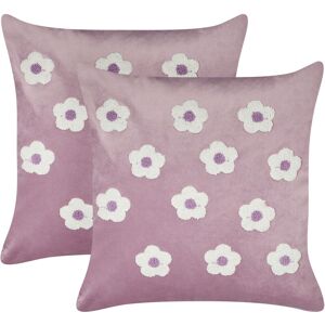 Beliani - Set of 2 Scatter Cushions Velvet Polyester Fabric Throw Pillow Flowers Pattern Embroidered 45 x 45 cm Violet Echinacea - Violet