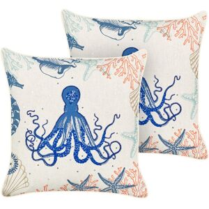 Beliani - Set of 2 Scatter Throw Pillows Cushions Linen Square Textured Marine Octopus Pattern Polyester Filling Beige Acropora - Beige