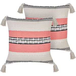 Beliani - Set of 2 Throw Cushions Pillows Cotton with Tassels 45 x 45 cm Beige and Red Euphorbia - Beige