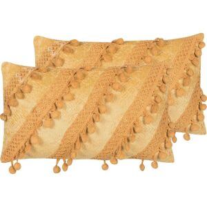Beliani - Set of 2 Viscose Decorative Pillows Cushions Boho Tassels 27x50cm Yellow Ayroor - Yellow