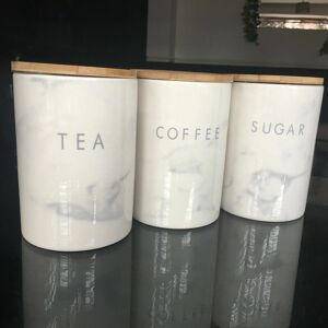 DYLEX Set Of 3 Marble Effect Glossy Ceramic Tea Coffee Sugar Storage Jars Canisters