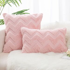 Groofoo - Set of 4 Faux Wool and Velvet Cushion Covers, Soft Plush Decorative Pillow Case with Wave Pattern, Light Pink, 45x45CM