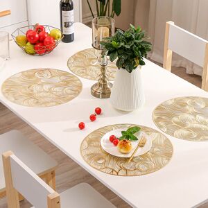 AOUGO Set of 6 Gold Round Placemats, Gold pvc Placemats, Hollow Placemats, Pressed Vinyl Placemats, Heat Resistant Non-Slip Placemats for Wedding, Washable