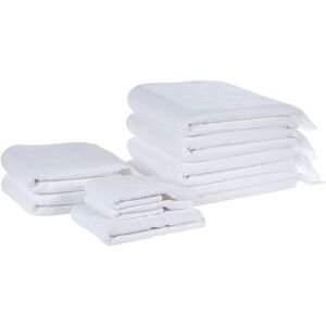 BELIANI Set of 9 Terry Cotton Polyester Bath Sheets Towels Soft Tassels White Atiu - White