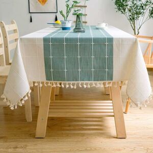 Groofoo - Solid Cotton and Linen Rectangular Table Cloth Plaid Embroidery Tassel Cotton Linen Table Cover for Kitchen Dining Table Decoration