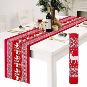 Langray - Table Runners, Red Linen Christmas Table Runners Tablecloth with White Reindeer Pattern, Non-slip Long Xmas Table Cloth Christmas Runner