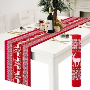 Hoopzi - Table Runners, Red Linen Christmas Table Runners Tablecloth with White Reindeer Pattern, Non-slip Long Xmas Table Cloth Christmas Runner for