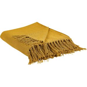 Beliani - Traditional Classic Throw Blanket Cotton Hand-Woven Accessory Fringes Mustard Yarsa - Yellow