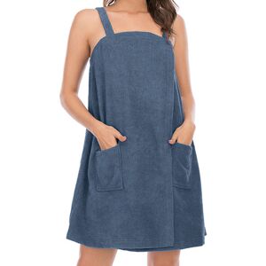 PESCE Womens Bath Wrap Towels with Straps Pocket Spa Towel Bathrobe & Hair Headband Blue Grey l