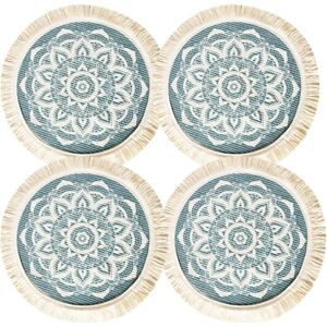 Csparkv - Set of 4 Round Bohemian Style Woven Cotton Placemats for Hot Dishes and Hot Drinks, 13 Inch Washable Mandala Pattern Tassel Placemats for