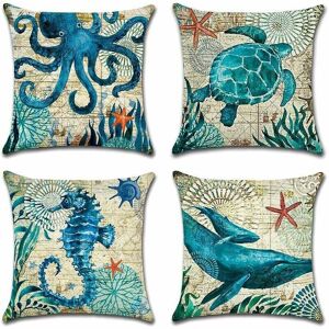 Alwaysh - Outdoor Cushion Cover, Set of 4 Waterproof Blue Sea Life Pattern Sofa Throw Pillow Case for Patio Garden Living Room Bedroom Decoration,