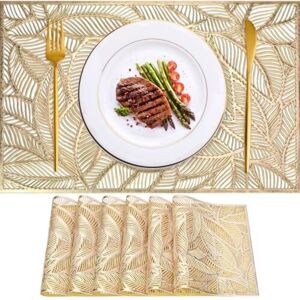 ODIPIE 6-piece set of washable PVC placemats, heat-resistant and non-slip, 45 x 30 cm, gold rectangular placemats with leaf pattern for Christmas, parties, ODIPIE 6-piece set of washable PVC placemats, heat-resistant and non-slip, 45 x 30 cm, gold rectangular placemats with leaf pattern for Christmas, parties,