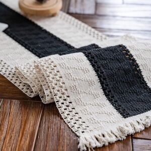 IKODM Beige cream and black table runner with tassels, handwoven for bohemian kitchen table (30 x 180 cm) IKODM Beige cream and black table runner with tassels, handwoven for bohemian kitchen table (30 x 180 cm)