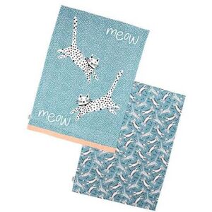 Recycled Cotton Meow Set of 2 Tea Towels Blue - Dexam Recycled Cotton Meow Set of 2 Tea Towels Blue - Dexam