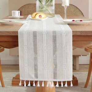 Linen Embroidery Indoor/Outdoor Farmhouse Style Cafe Table Runner 183cm with Handmade Tassels for Picnics/Weddings 33x183CM - Beige Linen Embroidery Indoor/Outdoor Farmhouse Style Cafe Table Runner 183cm with Handmade Tassels for Picnics/Weddings 33x183CM - Beige