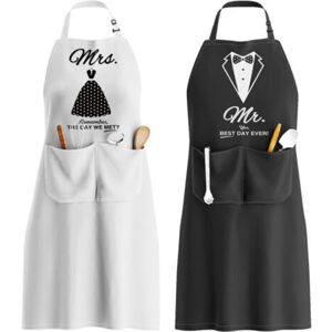 MCBOSON Mr. & Mrs. Apron, Adjustable Apron with 2 Pockets, Couple Apron Gift for Wedding Anniversary, Valentine's Day, Party (Black & White) 2 Pieces MCBOSON Mr. & Mrs. Apron, Adjustable Apron with 2 Pockets, Couple Apron Gift for Wedding Anniversary, Valentine's Day, Party (Black & White) 2 Pieces