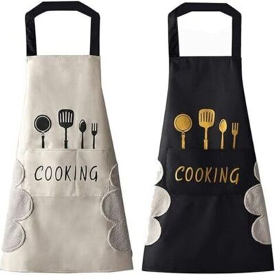 MCBOSON 2 PCS Kitchen Aprons (White and Black) for Women with Hand-Wiping Pockets, Large Pocket, Hand Wiping, Waterproof for Cooking and Baking MCBOSON 2 PCS Kitchen Aprons (White and Black) for Women with Hand-Wiping Pockets, Large Pocket, Hand Wiping, Waterproof for Cooking and Baking