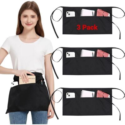 TORMATOR 3-Piece Waist Apron Set with 3 Pockets and Adjustable Strap, Waterproof Black Kitchen Aprons for Women and Men, Short Apron for Waiters, Chefs, TORMATOR 3-Piece Waist Apron Set with 3 Pockets and Adjustable Strap, Waterproof Black Kitchen Aprons for Women and Men, Short Apron for Waiters, Chefs,