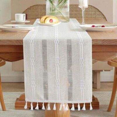 TORMATOR Linen Embroidery Indoor/Outdoor Farmhouse Style Cafe Table Runner 183cm with Handmade Tassels for Picnics/Weddings 33x183CM - Beige TORMATOR Linen Embroidery Indoor/Outdoor Farmhouse Style Cafe Table Runner 183cm with Handmade Tassels for Picnics/Weddings 33x183CM - Beige