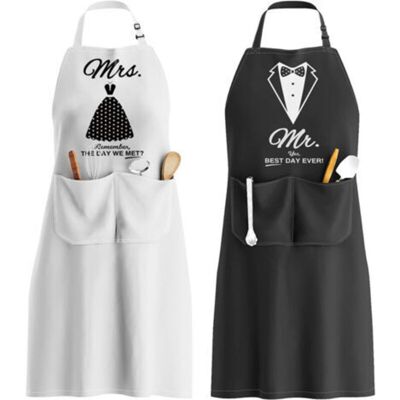 MCBOSON Mr. & Mrs. Apron, Adjustable Apron with 2 Pockets, Couple Apron Gift for Wedding Anniversary, Valentine's Day, Party (Black & White) 2 Pieces MCBOSON Mr. & Mrs. Apron, Adjustable Apron with 2 Pockets, Couple Apron Gift for Wedding Anniversary, Valentine's Day, Party (Black & White) 2 Pieces