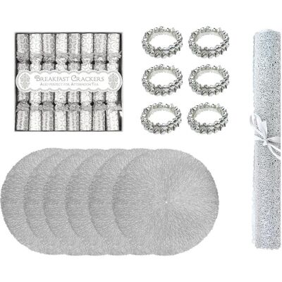 Yöl - 21pc Christmas Table Set Silver Napkin Rings Table Runner Saucer Crackers Placemats Yöl - 21pc Christmas Table Set Silver Napkin Rings Table Runner Saucer Crackers Placemats