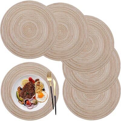 Tinor - Placemats, Round Placemat pp Braided Set of 6 Washable Heat Resistant Non-Slip, 36cm, Coffee Color Tinor - Placemats, Round Placemat pp Braided Set of 6 Washable Heat Resistant Non-Slip, 36cm, Coffee Color