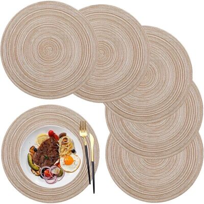 ODIPIE Placemats, Round Placemat pp Braided Set of 6 Washable Heat Resistant Non-Slip, 36cm, Coffee Color ODIPIE Placemats, Round Placemat pp Braided Set of 6 Washable Heat Resistant Non-Slip, 36cm, Coffee Color