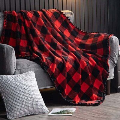 SNQ Red and Black Checked Flannel Throw Blanket with Fringe for Sofa Bed, All Seasons (130 x 150 cm) SNQ Red and Black Checked Flannel Throw Blanket with Fringe for Sofa Bed, All Seasons (130 x 150 cm)