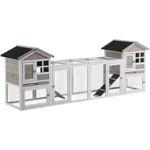 2-In-1 Rabbit Hutch w/ Double House, Run Box, Slide-Out Tray, Ramp - Grey - Pawhut